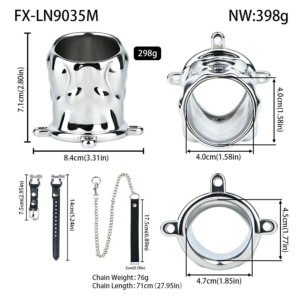 Flame Cutout Stainless Steel Chastity Cage with Restraint - Leather strap M size dimensions