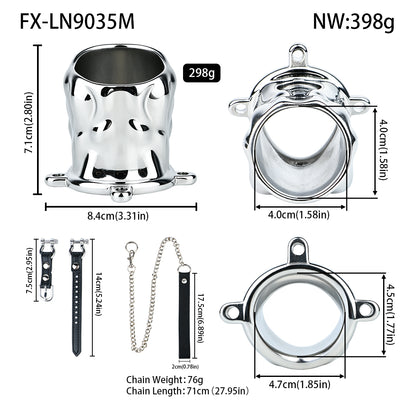 Flame Cutout Stainless Steel Chastity Cage with Restraint - Leather strap M size dimensions