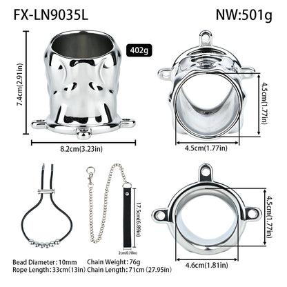Flame Cutout Stainless Steel Chastity Cage with Restraint - Beaded cord L size dimensions