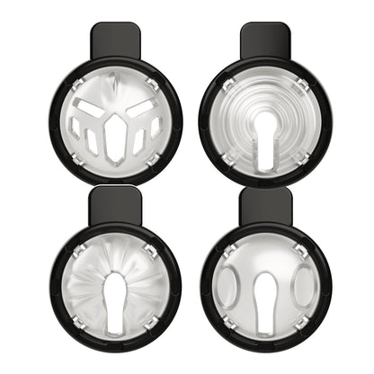 Four interchangeable black cage fronts shown from front and rear