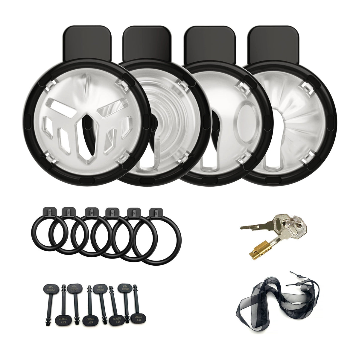 Black and clear four-in-one chastity cage set with base rings and accessories