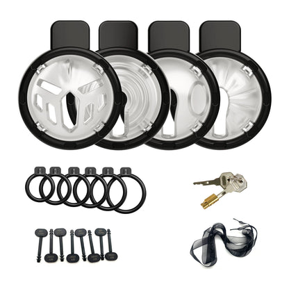 Black and clear four-in-one chastity cage set with base rings and accessories