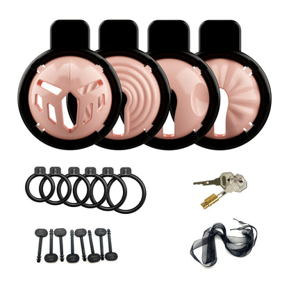 Black and pink four-in-one chastity cage set with base rings and accessories