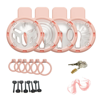 Pink and clear four-in-one modular plastic chastity cage set with six rings and accessories