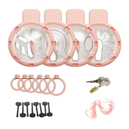 Pink and clear four-in-one modular plastic chastity cage set with six rings and accessories