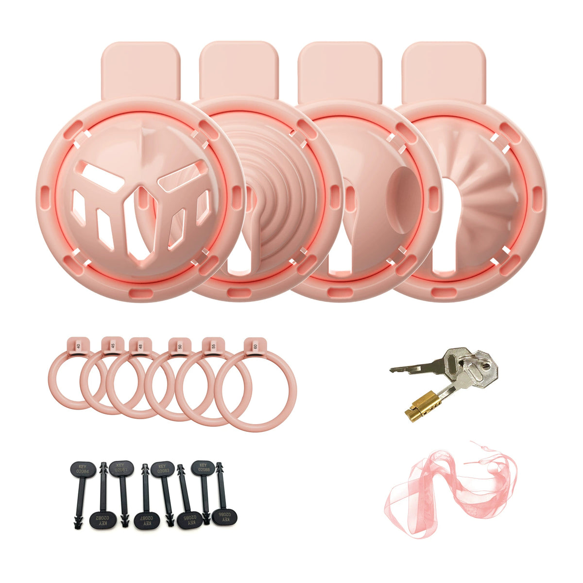 Solid pink four-in-one chastity cage set with base rings and accessories