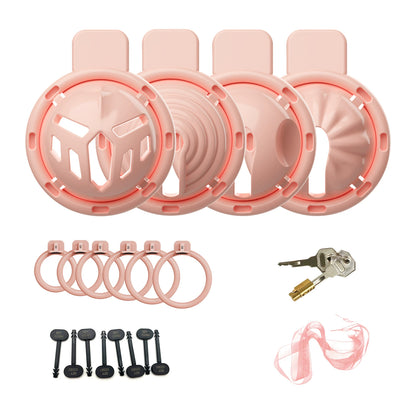 Solid pink four-in-one chastity cage set with base rings and accessories