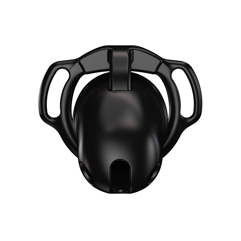 Black Galaxy Shell chastity cage front view showing the smooth cover and lower openings