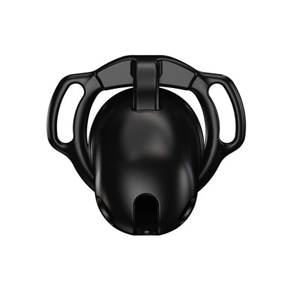Black Galaxy Shell chastity cage front view showing the smooth cover and lower openings