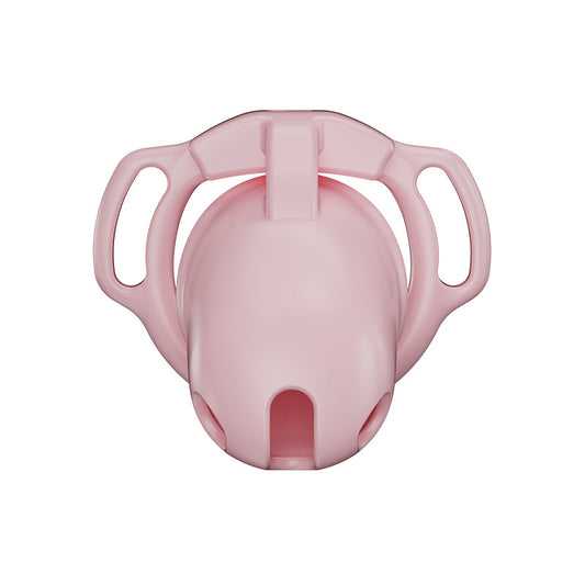 Pink Galaxy Shell chastity cage front view showing the smooth cover and lower openings