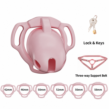 Pink Galaxy Shell set illustration with 42, 46, 50, 52, 56 and 58 mm base rings, lock with keys and three-way support belt