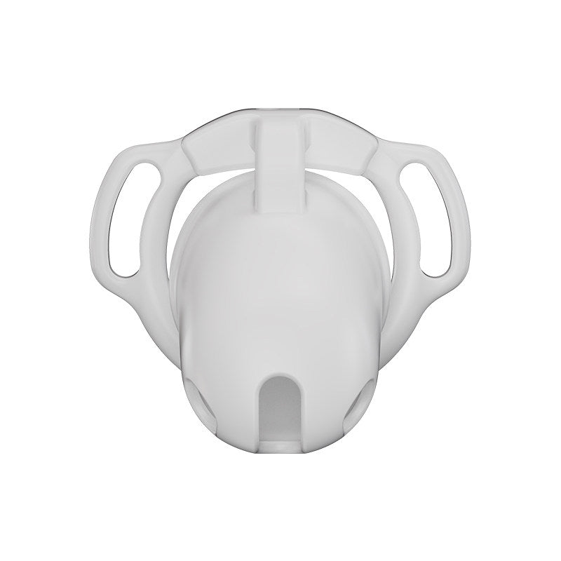 White Galaxy Shell chastity cage front view showing the smooth cover and lower openings