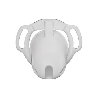 White Galaxy Shell chastity cage front view showing the smooth cover and lower openings