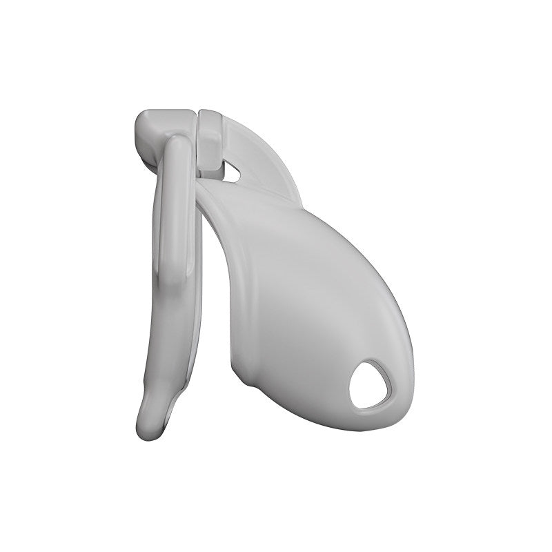 White Galaxy Shell chastity cage side view showing the curved shell, upper bridge and lower side opening