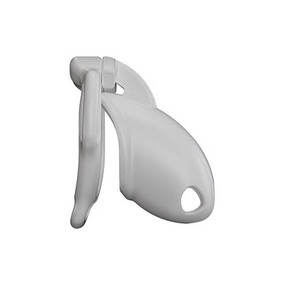 White Galaxy Shell chastity cage side view showing the curved shell, upper bridge and lower side opening