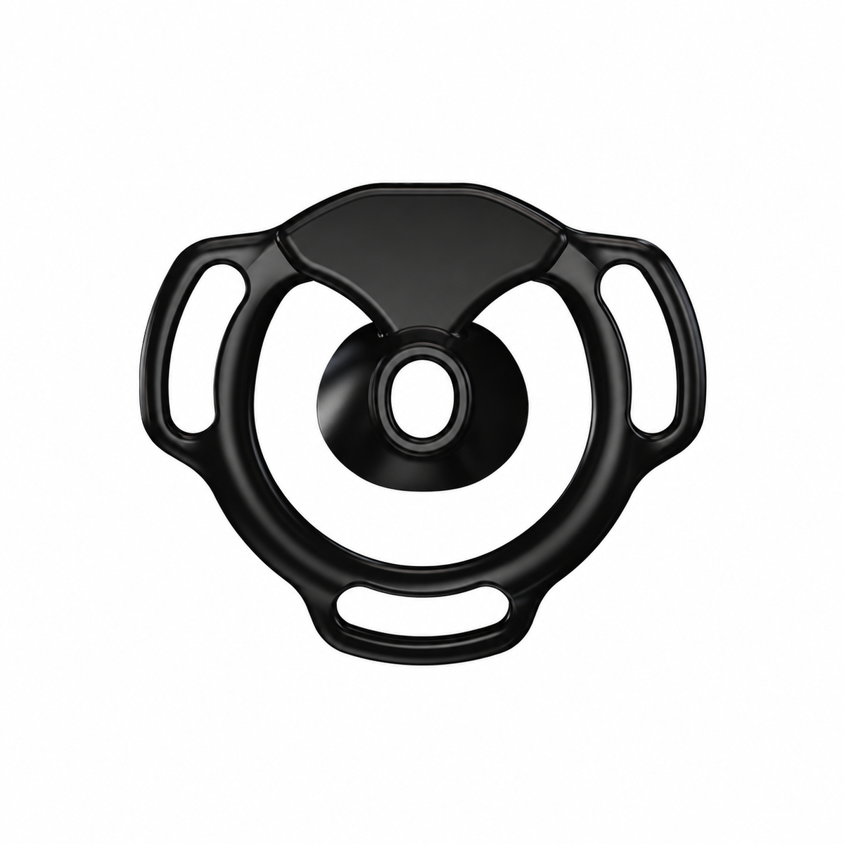 Black Halo Ring flat chastity cage front view with a circular center opening and three strap slots