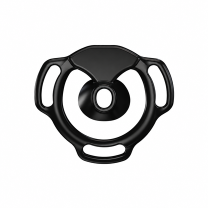 Black Halo Ring flat chastity cage front view with a circular center opening and three strap slots