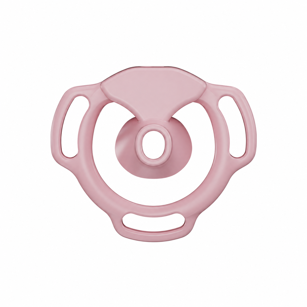 Pink Halo Ring flat chastity cage front view with a circular center opening and three strap slots