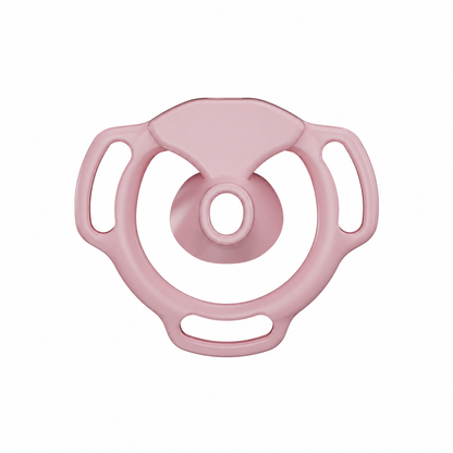Pink Halo Ring flat chastity cage front view with a circular center opening and three strap slots