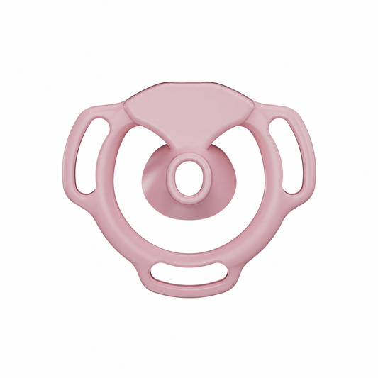 Pink Halo Ring flat chastity cage front view with a circular center opening and three strap slots
