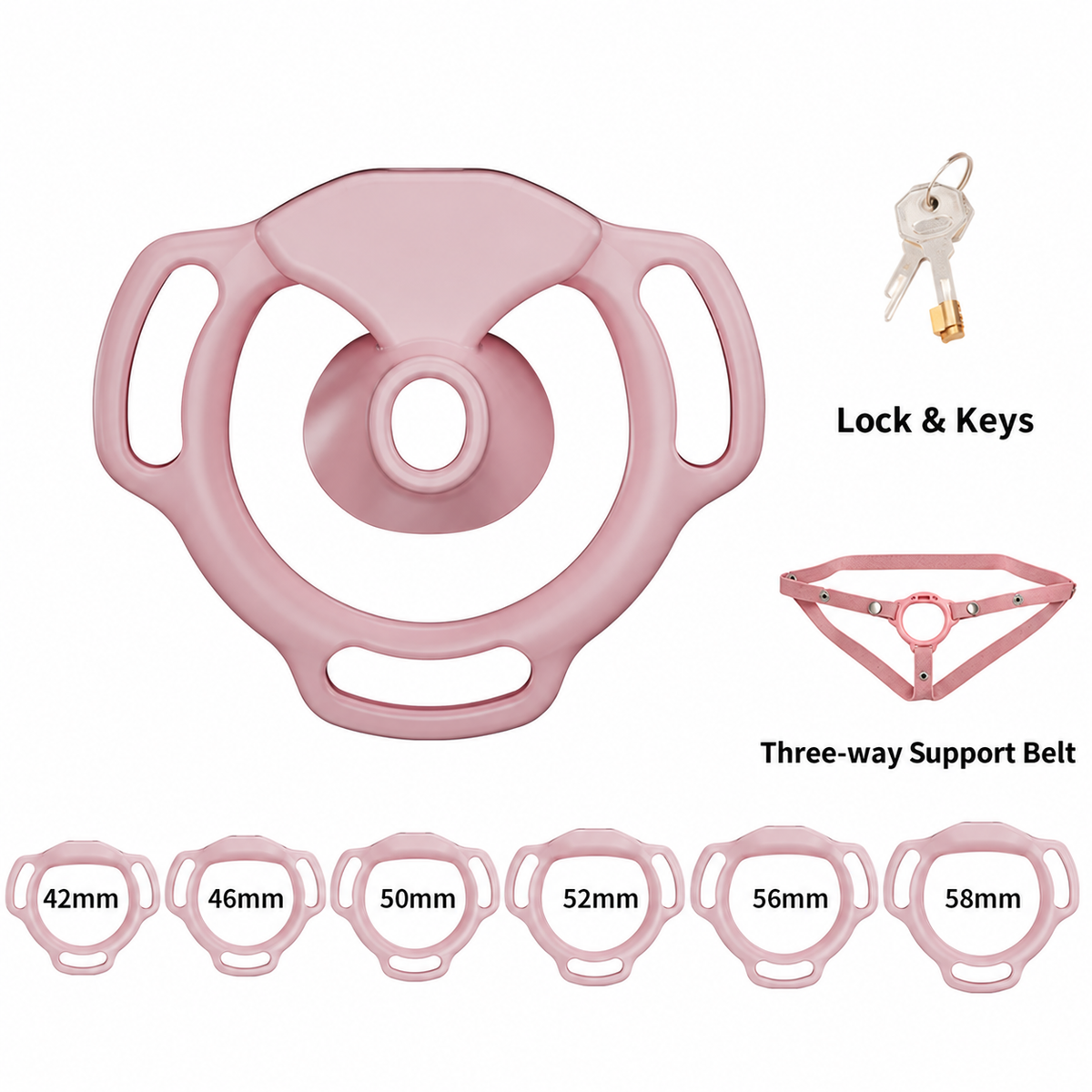 Pink Halo Ring set illustration with 42, 46, 50, 52, 56 and 58 mm base rings, lock with keys and three-way support belt