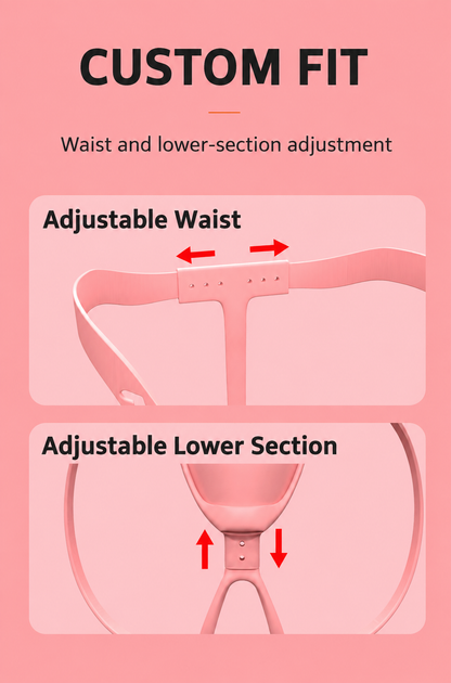 Custom-fit diagram showing adjustable waist and lower section; no fixed size range