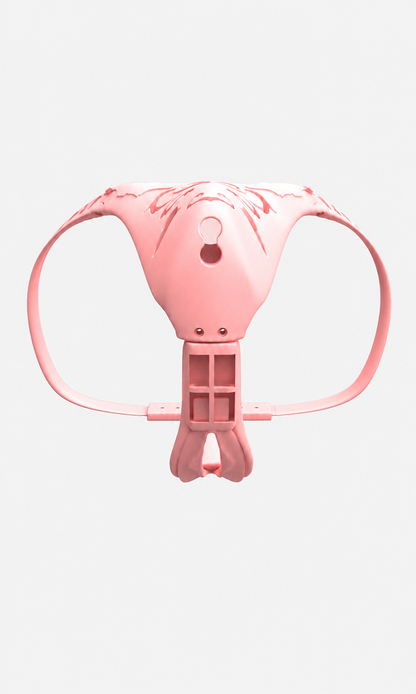 Pink custom chastity belt underside view showing openings and lower adjustment assembly