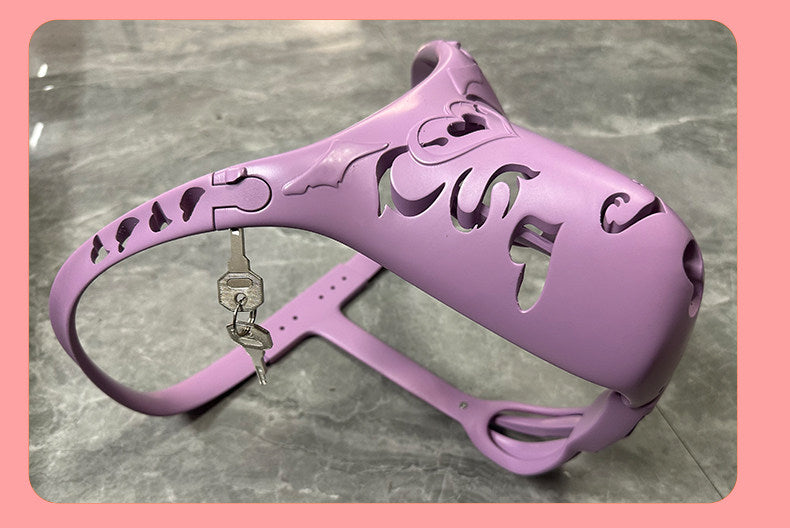 Purple heart-cutout chastity belt side photograph with lock and keys