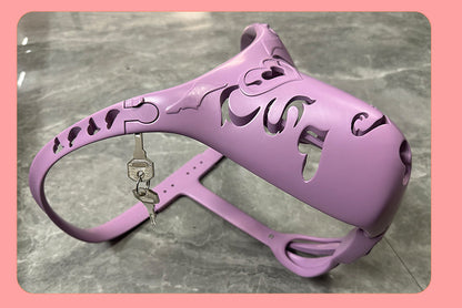 Purple heart-cutout chastity belt side photograph with lock and keys