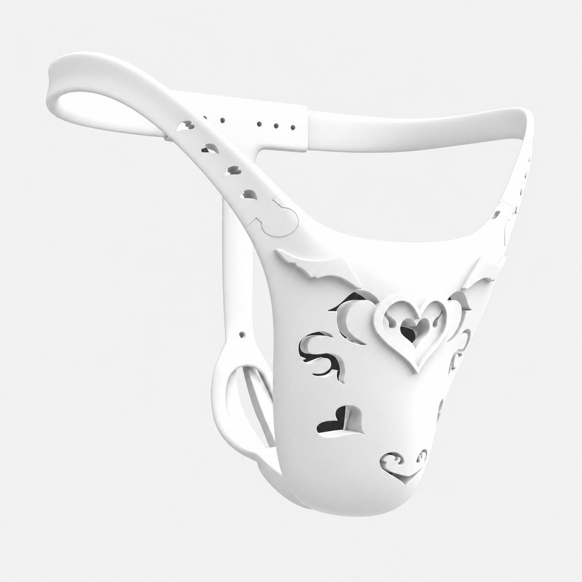 White heart-cutout custom chastity belt front view