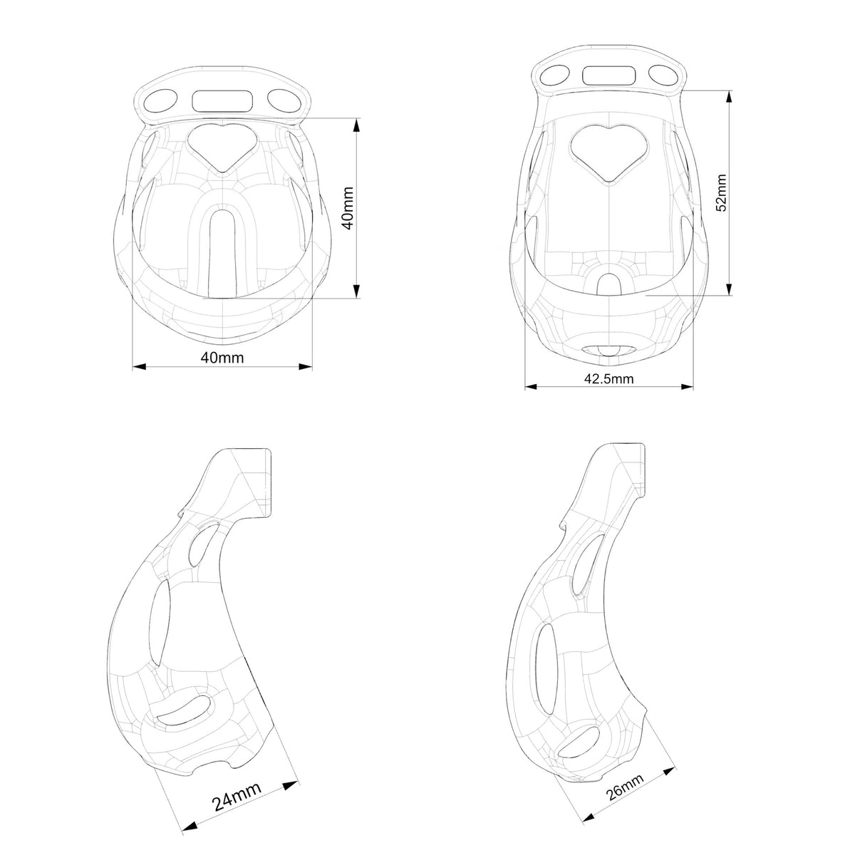Heart cutout cage measurements for small and large sizes