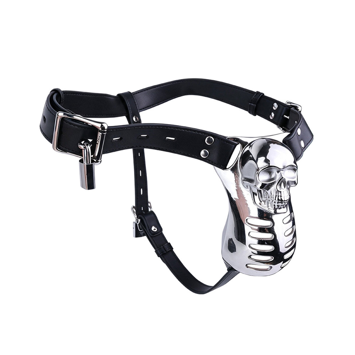 Horror Skull Metal Chastity Cage with Lockable Belt angled view
