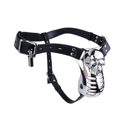 Horror Skull Metal Chastity Cage with Lockable Belt angled view