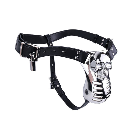 Horror Skull Metal Chastity Cage with Lockable Belt angled view