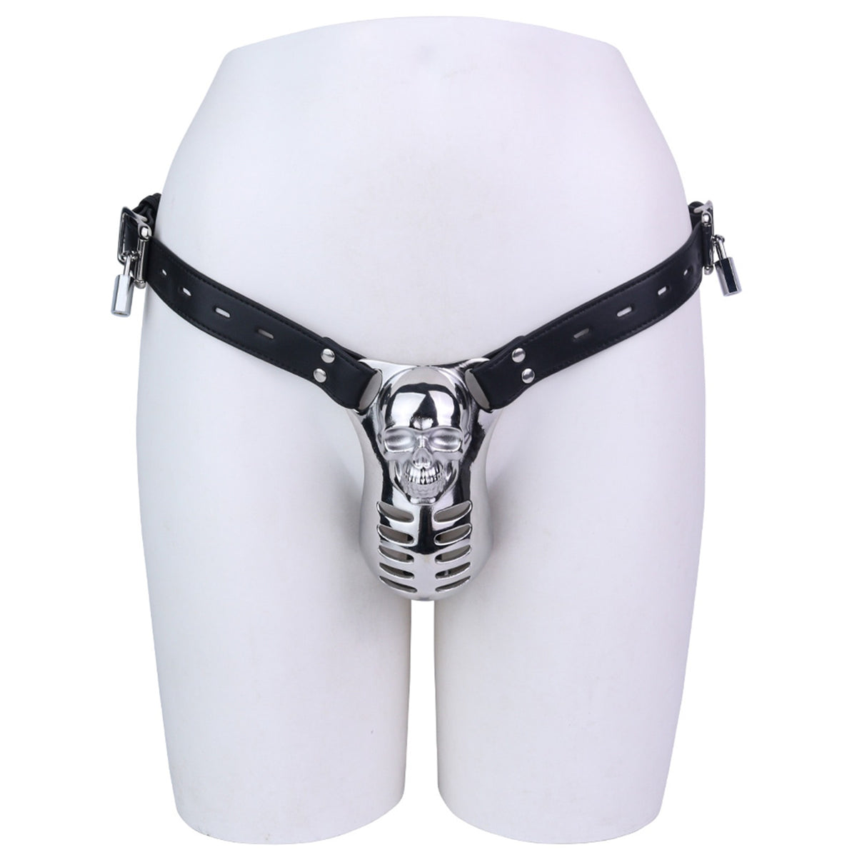 Horror Skull Metal Chastity Cage with Lockable Belt front view on mannequin