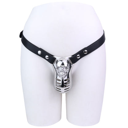 Horror Skull Metal Chastity Cage with Standard Belt front view on mannequin