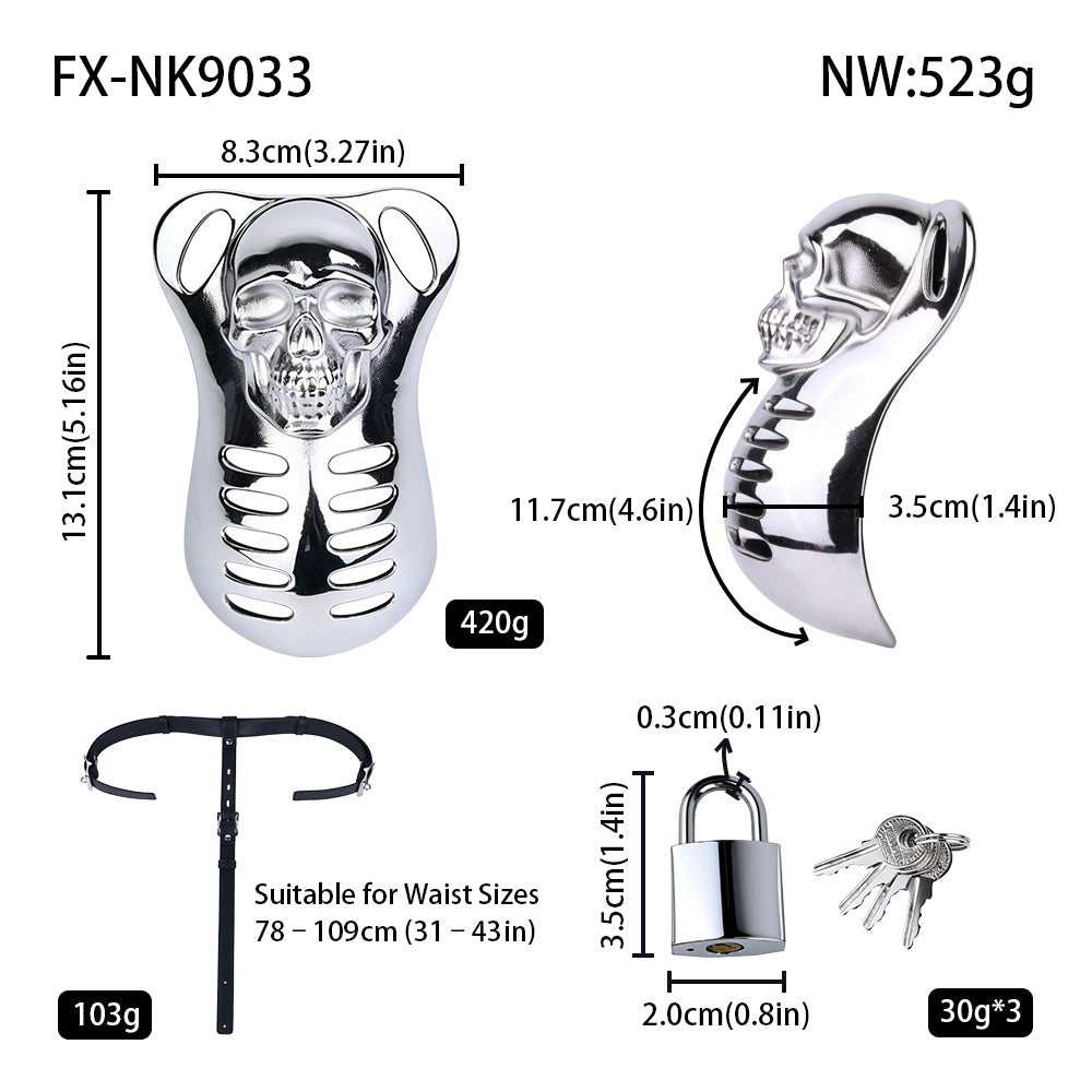Horror Skull Metal Chastity Cage with Lockable Belt size chart and measurements