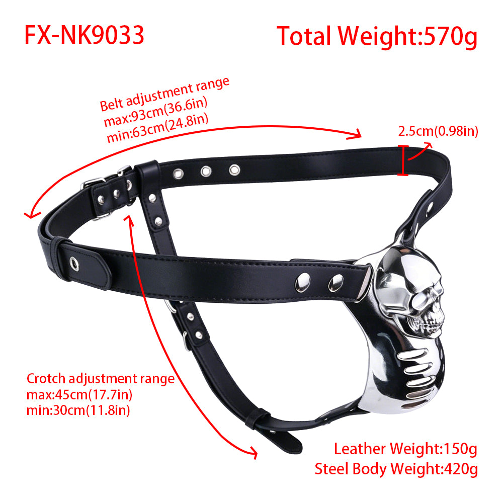 Horror Skull Metal Chastity Cage with Standard Belt size chart and measurements