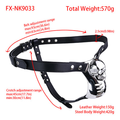Horror Skull Metal Chastity Cage with Standard Belt size chart and measurements