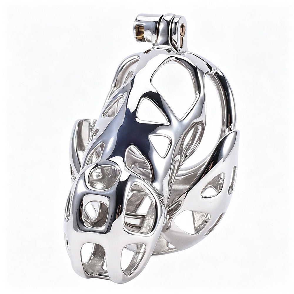 Mamba Stainless Steel Ball-Enclosing Chastity Cage angled view