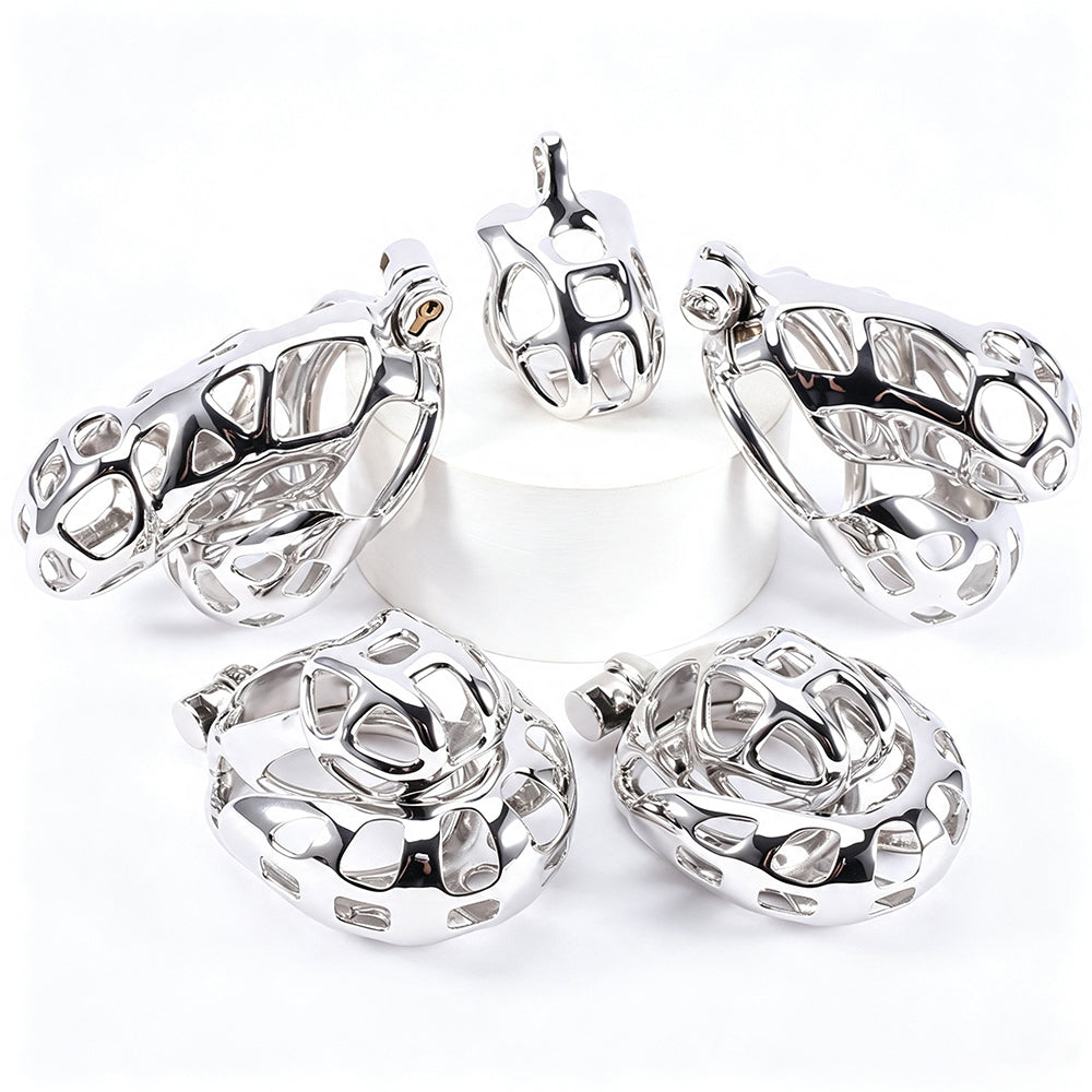 Mamba chastity cage five lengths front comparison