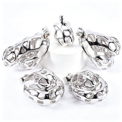 Mamba chastity cage five lengths front comparison