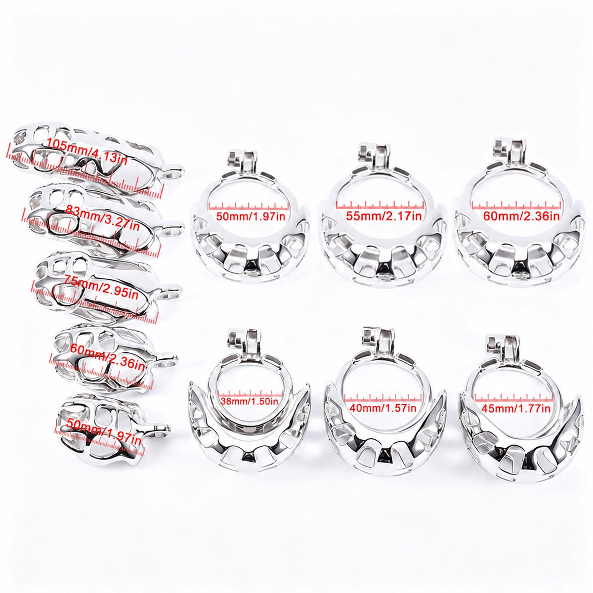 Mamba Stainless Steel Ball-Enclosing Chastity Cage size chart showing five cage lengths and six ring diameters