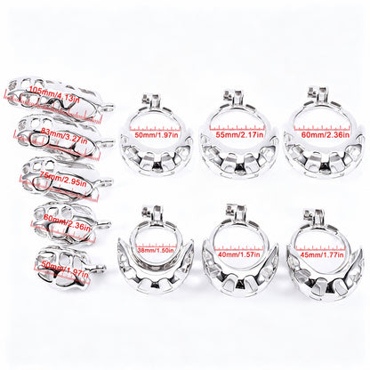 Mamba Stainless Steel Ball-Enclosing Chastity Cage size chart showing five cage lengths and six ring diameters