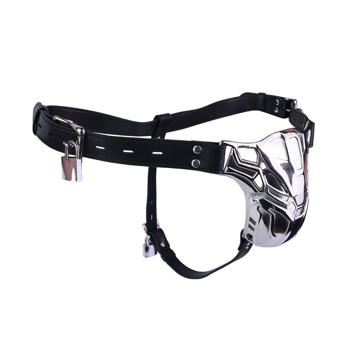 Mech Armor Metal Chastity Cage with Lockable Belt angled view