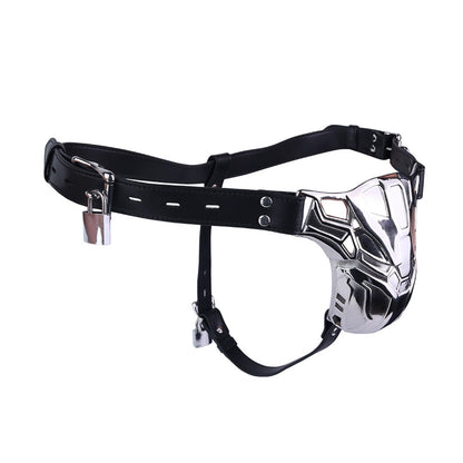 Mech Armor Metal Chastity Cage with Lockable Belt angled view