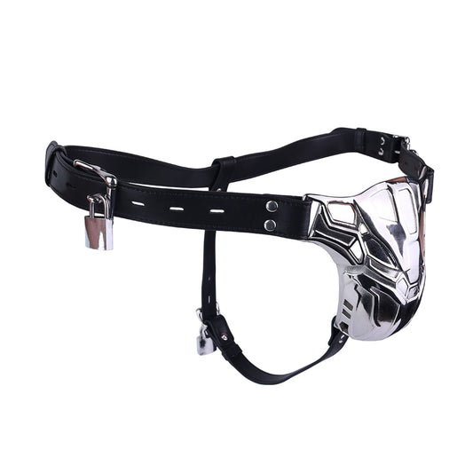 Mech Armor Metal Chastity Cage with Lockable Belt angled view