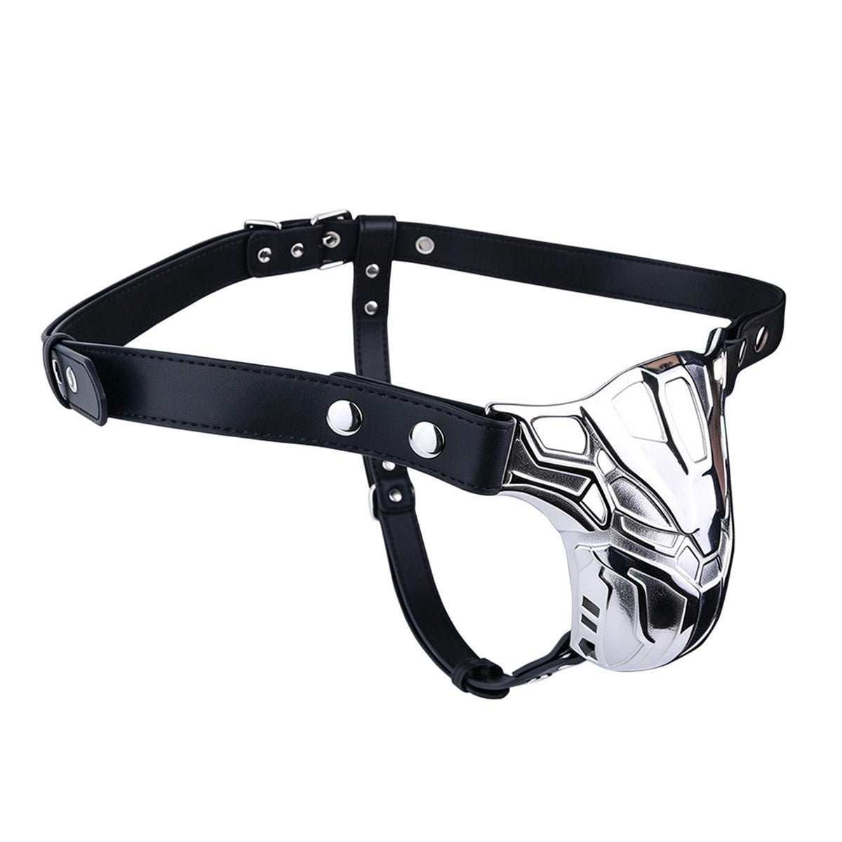 Mech Armor Metal Chastity Cage with Standard Belt angled view