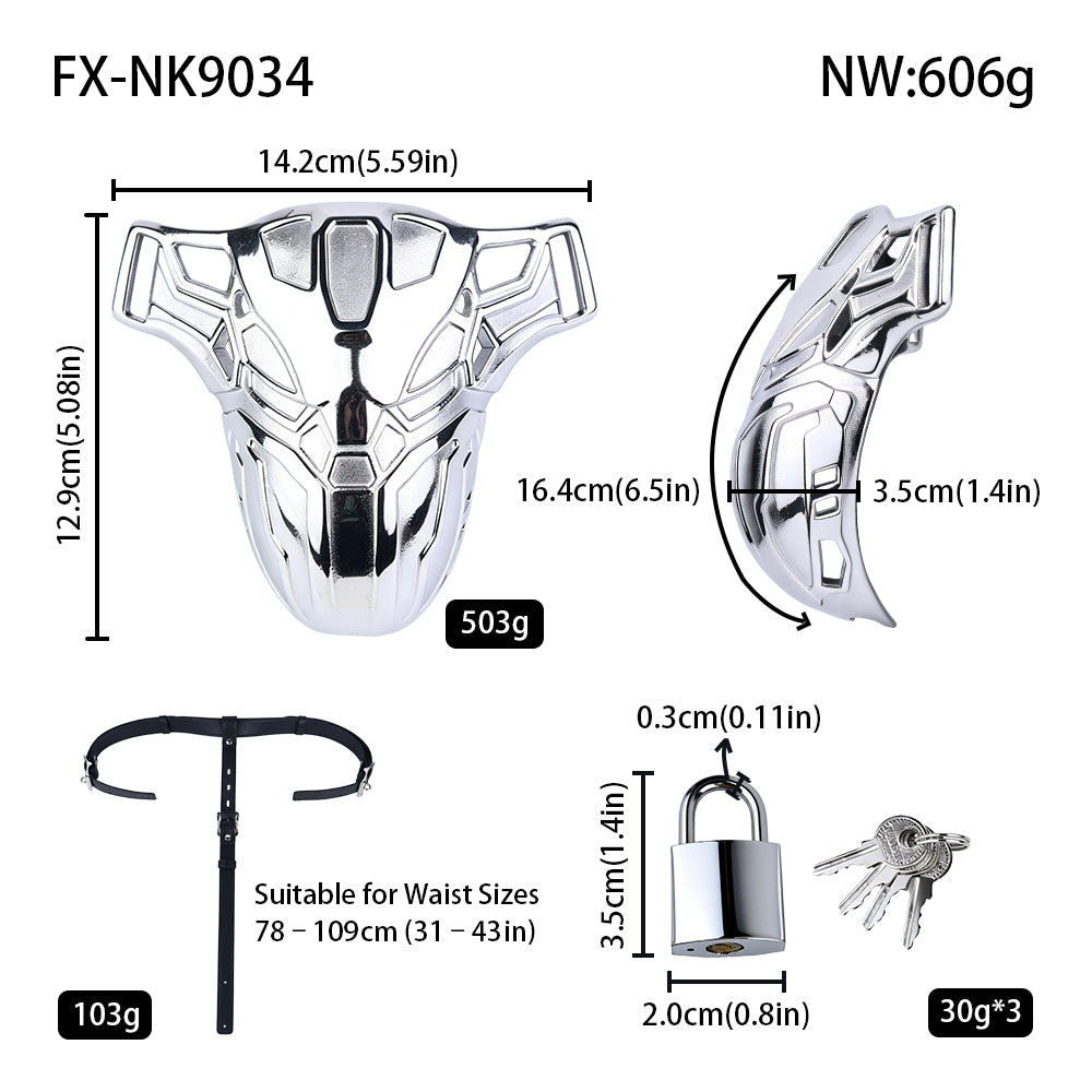 Mech Armor Metal Chastity Cage Lockable Belt size chart and cover measurements