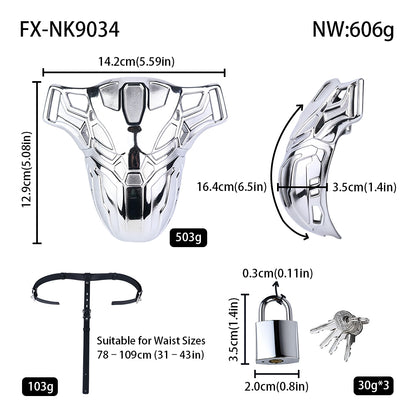 Mech Armor Metal Chastity Cage Lockable Belt size chart and cover measurements